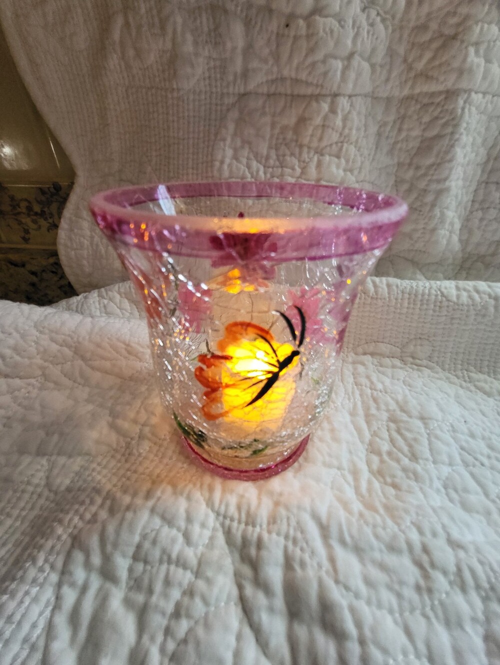 Hand-Painted Pink Floral Crackle Glass Vase - Picture 12 of 12